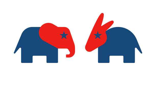 USA election. Republican elephant, Democrat donkey USA election. Republican elephant, Democrat donkey. Iconic symbols of USA, Republican and Democrat parties sign. American political identity, donkey, elephant logo. Vector Illustration. republican elephant logo stock illustrations