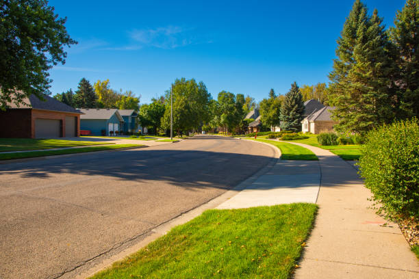 View of modern residential neighborhood in Bismarck, North Dakota.  Clean streets, clean air and a  relatively low crime rate create a favorable environment for family.