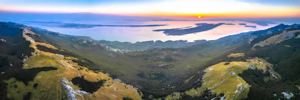 Panoramic view of Adriatic archipelago at sunset, view from Alan on Velebit mountain, Croatia