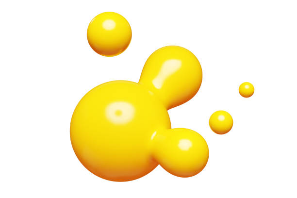 Yellow abstract liquid metaball shape. 3d render illustration of fluid soft bubble blob. Organic bright decorative sphere geometric form. Morphing ball aqua drop or molecule. Flow particles.