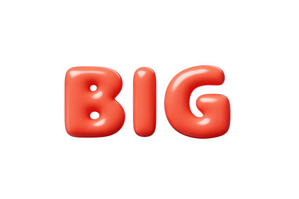 Big red Inflatable flying word for promotion design. 3D render illustration of sale and discount floating text design element. Balloon cartoon volumetric sign for special offer advertising.