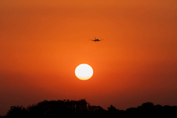 Aircraft passing just above a striking orange setting sun about to land at Bristol Airport.