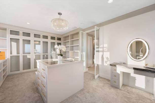 istock Luxurious Walk-In Closet with Modern White Cabinetry 2175964535