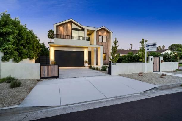 istock Modern two-story house with minimalist design at twilight 2175965666