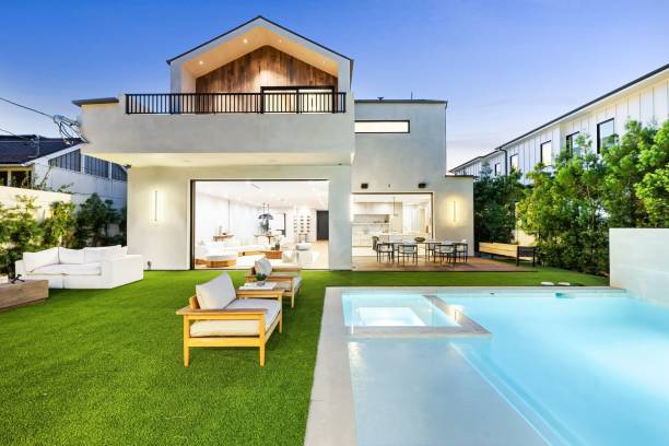 istock Modern luxury house with pool and outdoor seating. 2175965671
