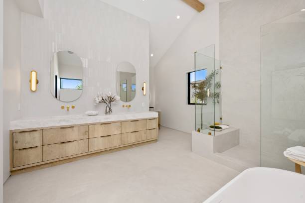 istock Modern bathroom with double vanity and glass shower 2175965701
