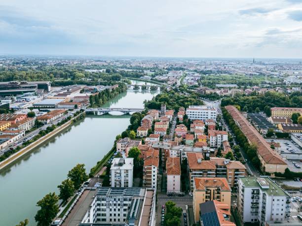 istock Aerial cityscape with river and bridges on a cloudy day. 2175966416