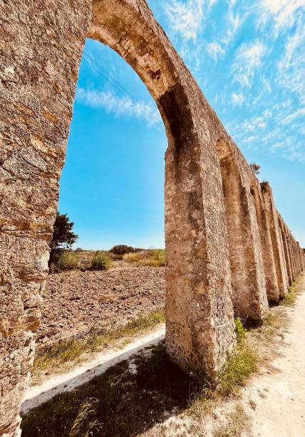 istock Ancient stone aqueduct with arches under a clear blue sky. 2175968649