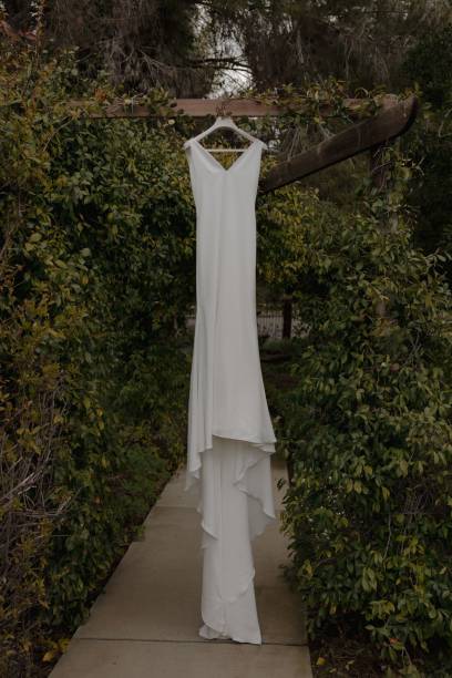 istock White wedding dress hanging in a garden 2175969368