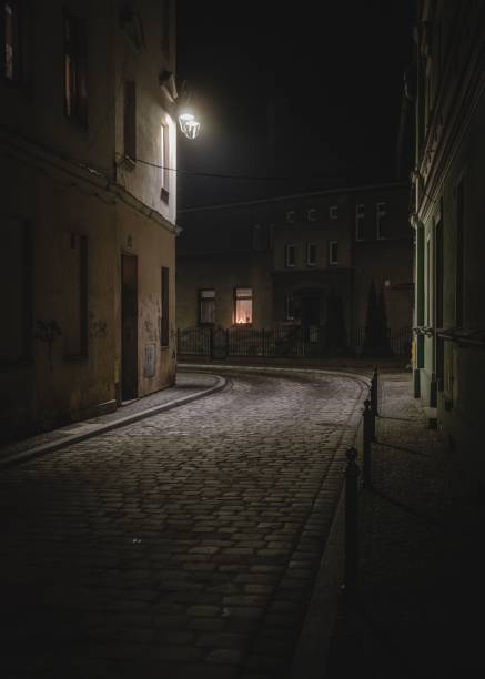 Dimly lit cobblestone street at night