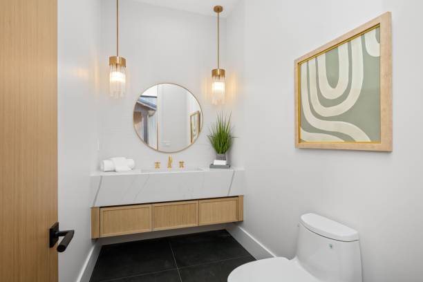istock Modern bathroom with elegant fixtures and stylish decor 2175972485