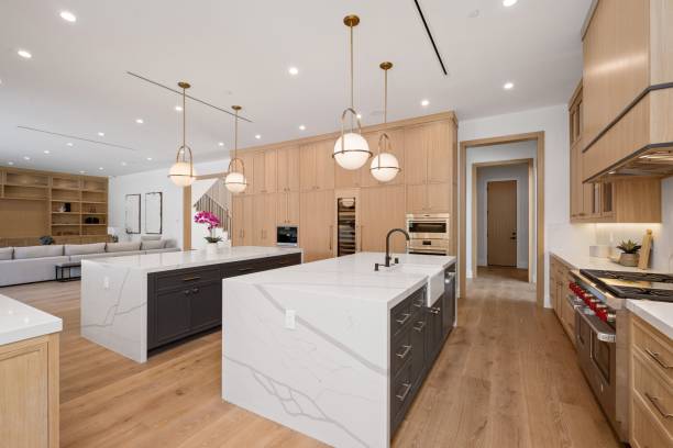 istock Modern kitchen with double islands and pendant lights. 2175972504
