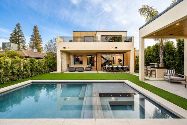 istock Modern luxury house with pool and outdoor seating 2175972564