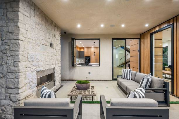 istock Modern outdoor patio with stone fireplace. 2175972581