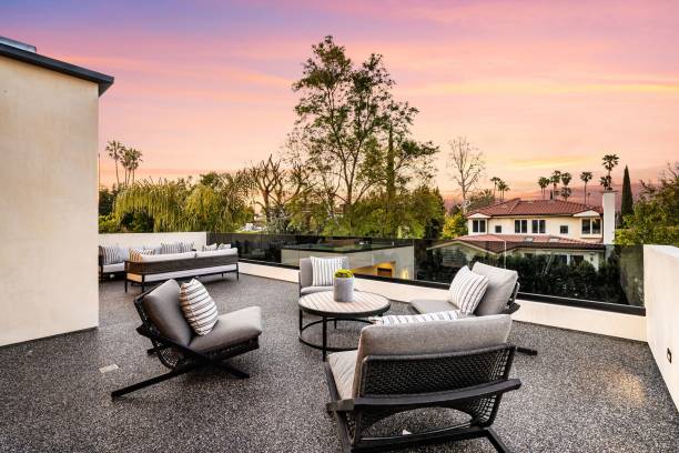 istock Modern outdoor patio with sunset view 2175972636