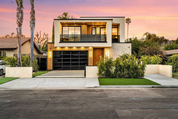 istock Modern two-story house at sunset 2175973055