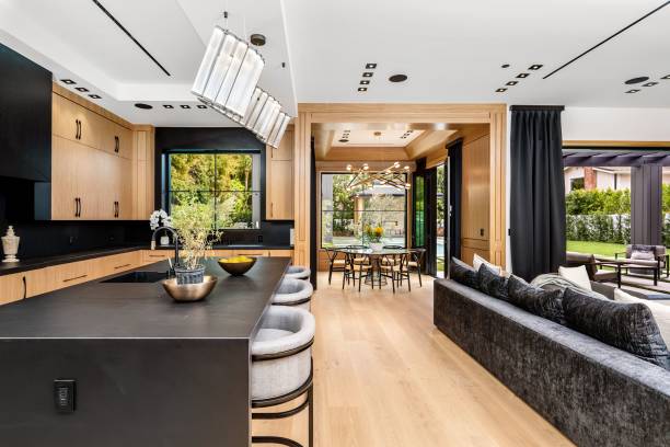 istock Modern open-plan kitchen and living room with garden view. 2175973085
