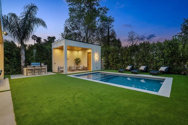 istock Modern backyard with pool and patio at twilight 2175973678