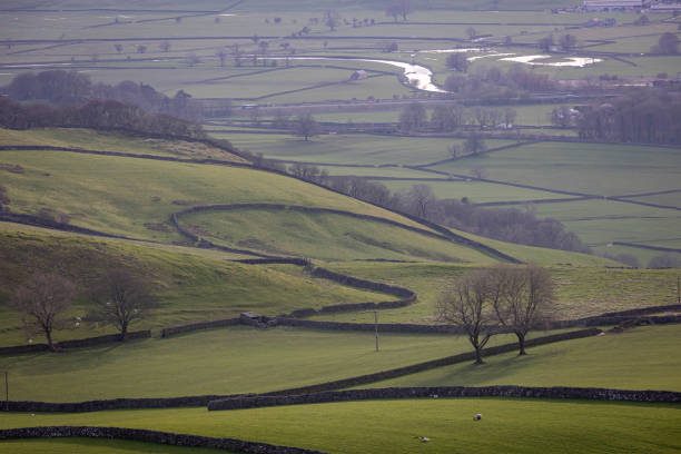 istock Scenic view of rolling hills and patchwork fields with dry stone walls in Skipton, England. 2175973911