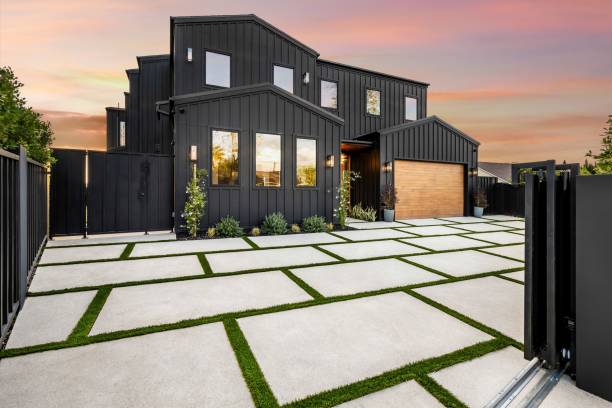 istock Modern black house exterior at sunset 2175974311