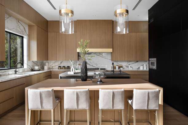 istock Modern kitchen with wooden cabinets and marble countertops 2175974320