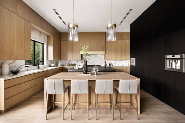 istock Modern kitchen with wooden cabinets and marble countertops 2175974468