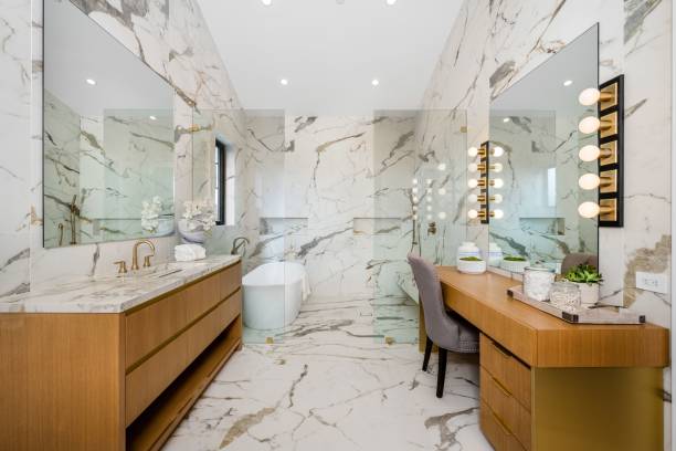 istock Modern luxury bathroom with marble walls and double vanity 2175974538