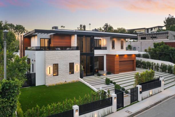 istock Modern luxury house at sunset 2175974733