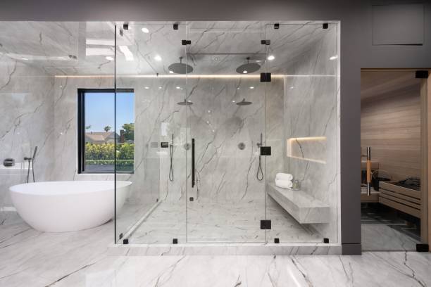 istock Modern luxury bathroom with glass shower and sauna 2175974769