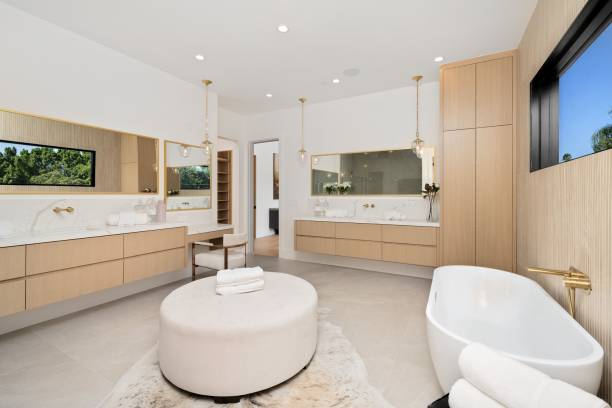 istock Modern bathroom interior with freestanding bathtub and double vanity. 2175985930