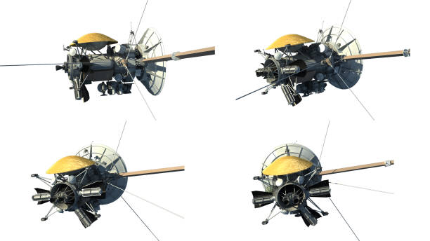 Four rendered instances of the Cassini Huygens mission robotic spacecraft with large dish antennas and various instruments, floating in space against a white background. Path included in the illustration.