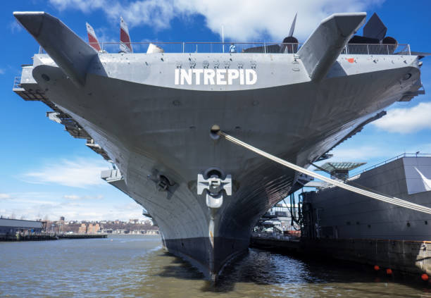 New York City, NY - USA: The aircraft carrier Intrepid docked at Pier 86, view from stern looking up