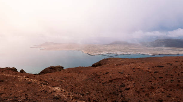 picturesque view of Graciosa island with volcanic mountains at sundown in Teguise, Lanzarote at Canari Islands in Spain, concept of nature and volcanic landscape