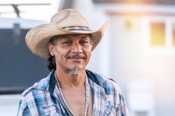 Portrait of adult man in cowboy hat against wooden wall