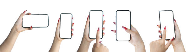 istock Female hand holding and touching on blank screen mobile phone isolated on white background, clipping path 2176013864