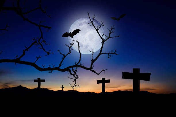 istock Spooky halloween background with silhouette dead tree and flying bat at night full moon 2176015368