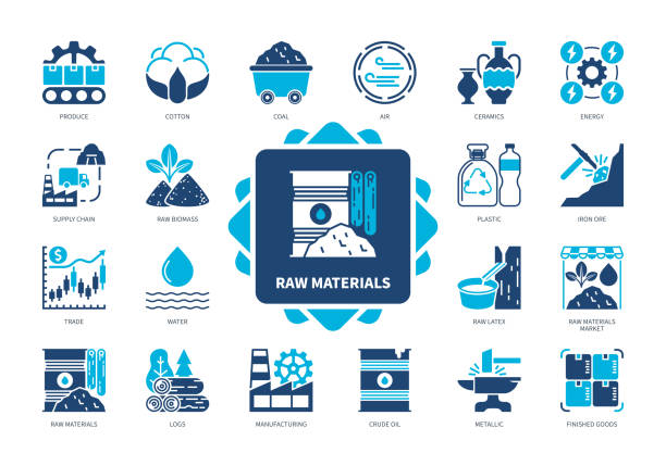 Raw Material solid icon set Raw Materials icon set. Cotton, Air, Raw Latex, Logs, Raw Biomass, Metallic, Crude Oil, Manufacturing. Duotone color solid icons manufacturing sourcing stock illustrations