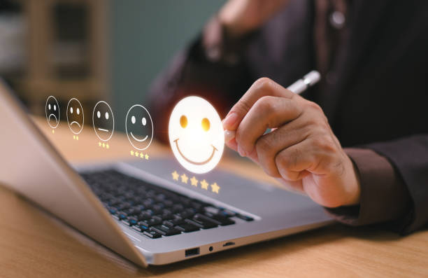 istock Questionnaire business experience feedback service. Customer satisfaction survey concept. Client use pen review happy face 5-star satisfaction rating online application. Check evaluate product quality 2176023331