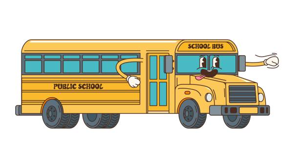 istock Cartoon retro groovy yellow school bus character 2176023355