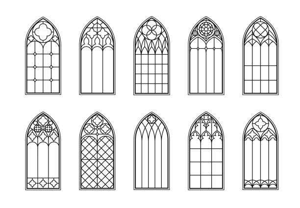 Medieval gothic church glass arch windows. Catholic temple or castle arched stained glasses. Isolated vector black outline silhouette arches. Vintage frames, cathedral interior European architecture