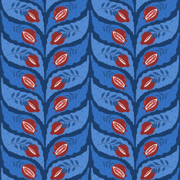 Pomegranates seamless pattern. Braided floral endless background. Fruit repeat cover. Blue modern continuous ornament. Vector hand drawn illustration. Pomegranates seamless pattern. Braided floral endless background. Fruit repeat cover. Blue modern continuous ornament. Vector hand drawn flat illustration. entire track stock illustrations