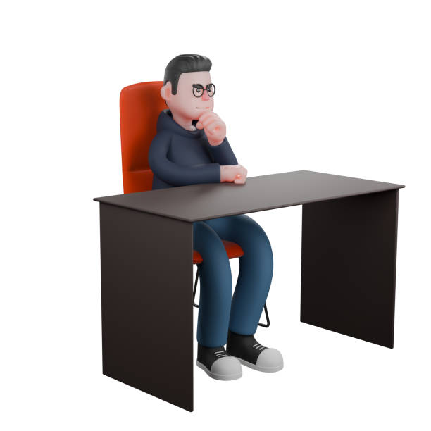 istock 3D Male Software Expert. A male programmer is sitting behind a desk with his left hand holding his chin and his right hand on the desk. Illustrated Coding Character 2176037349