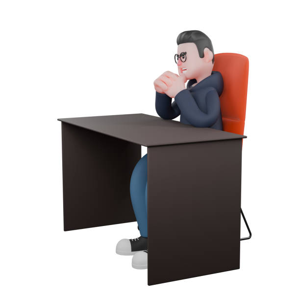 istock 3D Cartoon Tech Specialist. A male programmer is sitting on an office chair with his hands clasped and a serious expression, appearing to be in deep thought. Software Engineering Scene 2176037395