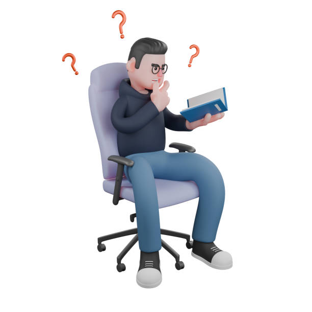 istock Professional Tech Specialist Character. A male programmer is sitting on a gaming chair surrounded by question marks holding a book in his left hand and holding his chin with his right hand. 3D Male Model 2176037548