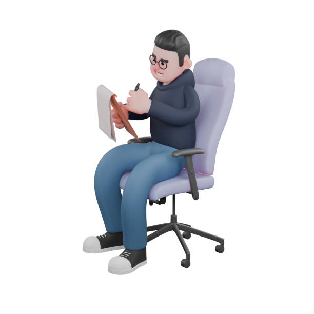 istock Professional Programmer 3D Art. A male programmer is sitting on a gaming chair holding a notebook in his right hand and holding a pen in his left hand. Male IT Character 2176037665
