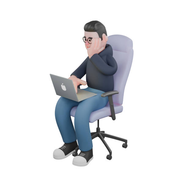 istock Animated Male Programmer. A male programmer is sitting on a gaming chair holding a laptop with his left hand holding his cheek and his right hand on top of the laptop. 3D IT Expert 2176037666