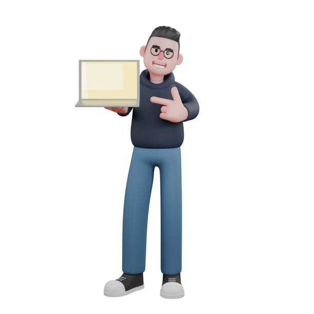 istock Male Tech Artist 3D Model. A male programmer is standing with his right hand pointing to his laptop screen while his left finger gives a gun symbol towards the laptop.  Programmer Cartoon 2176037950