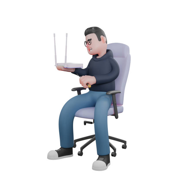 istock Cartoon Style Software Developer. A male programmer is sitting in his work chair with his right hand holding a Wi-Fi router while his left hand holds a screwdriver. 3D Male 2176037956