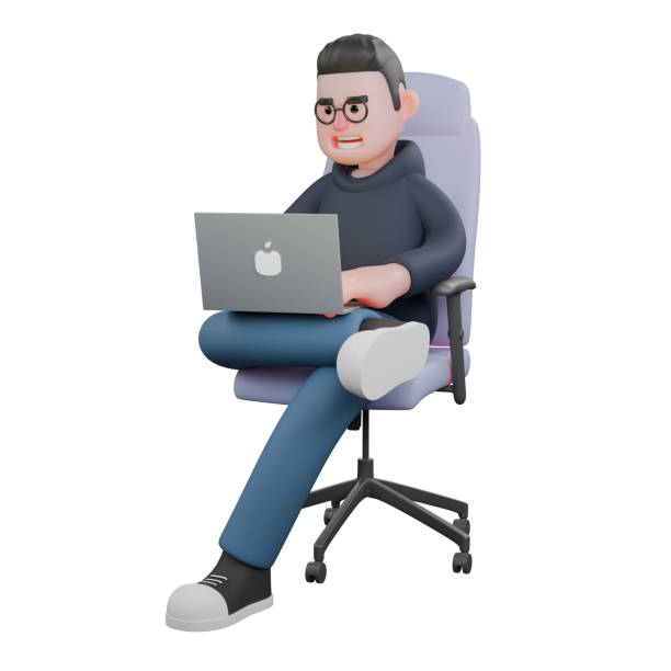 istock Male Programmer Tech Professional. A male programmer is sitting in his work chair with his right leg bent over his left leg while operating the laptop. 3D Cartoon 2176038004