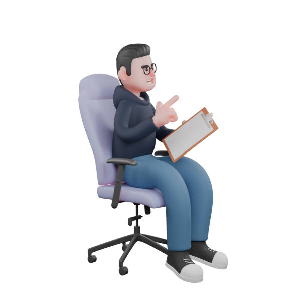 istock Male Programmer Professionalism in 3D. A male programmer is sitting in his office chair while his left hand is holding a clipboard while his right hand is giving a finger gun symbol facing forward. Tech Services 2176038222